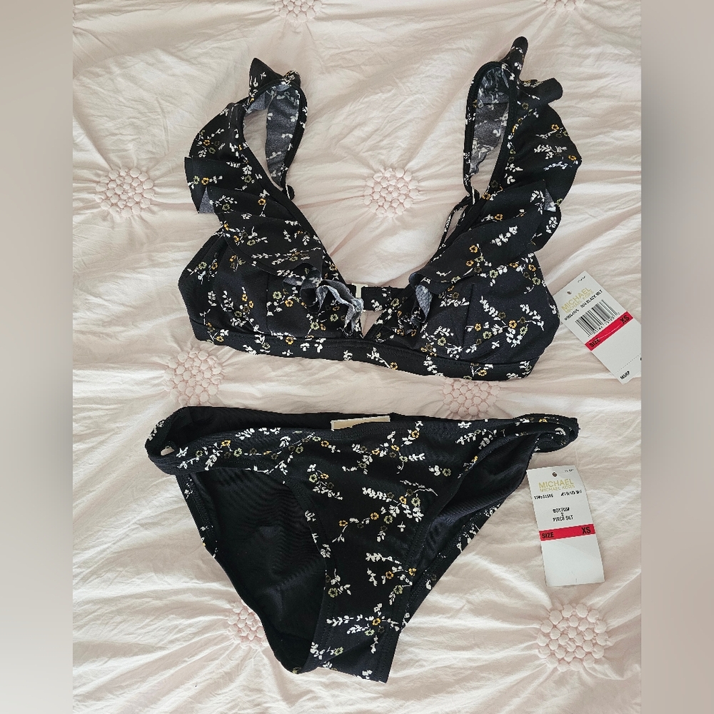 NWT Micheal Kors Black Floral Ruffle Bikini